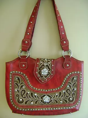 Womens Red Western Bedazzled Studded Handbag Purse - By P & G • $14.99