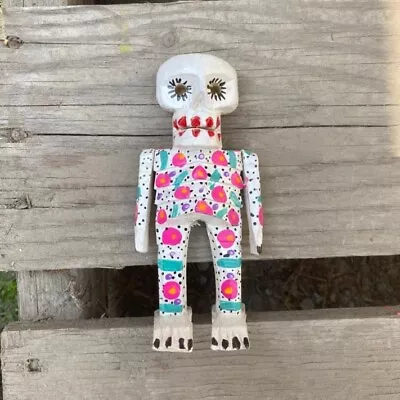 Wooden Day Of The Dead Folk Art White Skeleton With Eyelashes Colorful Home • $22.95