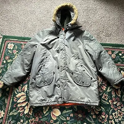 Vintage 70s Montgomery Ward Jacket XL Green Puffer Trench Faux Fur Hoodie Zip • $50