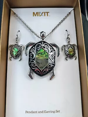 MixIt Abalone Sea Turtle Necklace & Earring Jewelry Silver Green Iridescent Gift • $18.85