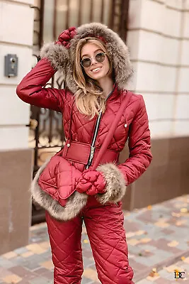 Women Winter Waterproof Ski Snowboard Jumpsuit Raccoon Fur Hooded Mittens Bag • $194.99