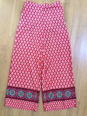 LOVE TREE HAPPENS Womens Sz L Orange Loose Bohemian Beige Tribal Wide Leg Pants • $11.99