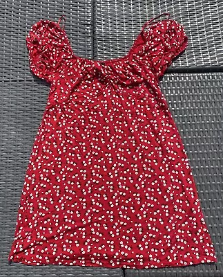 New Look Red Dress 12 Floral Cameo Rose Summer Holiday Short Bardot • £6