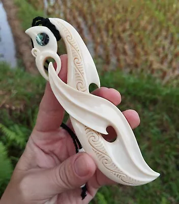 Maori Large Pendant Manaia Hand Carved Bone Abalone New Zealand  • $100