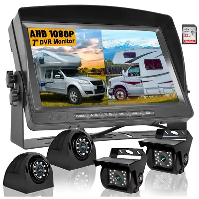 Backup Rear Side View Camera System + 7'' Quad View HD DVR Record Monitor For RV • £178.99