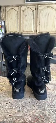 UGG Amelie Bailey Bow Triplet Crystal Bling Tall Black Boots Size 10 Women • $85