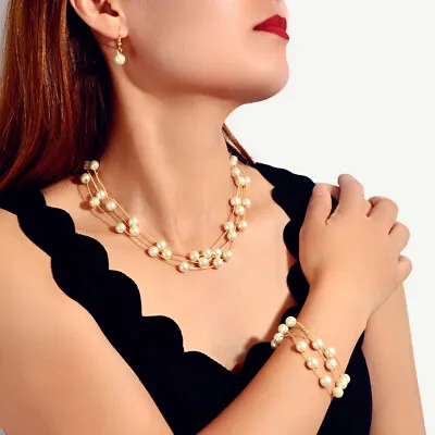 Jewellery Set Pearl Decor Gold Multi-layer Chain Necklace Bracelet Drop Earrings • $2.98