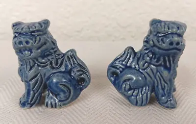 Vintage Ceramic Miniature Lucky Chinese Foo Dogs Pair Blue 1.5  Tall • $27.49