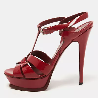 Yves Saint Laurent Burgundy Patent Leather Tribute Sandals Size 38.5 • £170.42