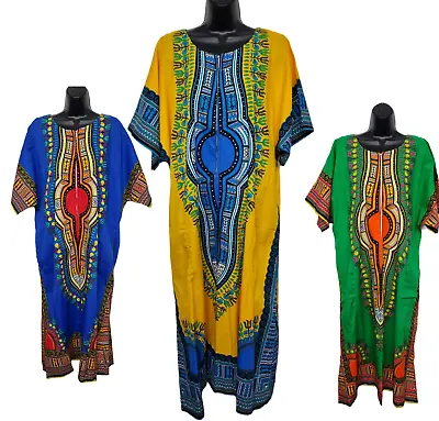 New Womens 100% COTTON Long Kaftan Dress Summer Dashiki African Print One Size  • £15.99