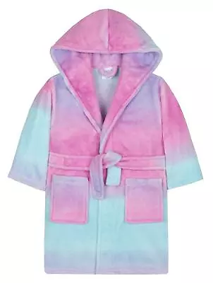 Girls Hooded Plush Fleece Rainbow Gradient Dressing Gown • £9.49