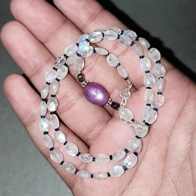 Natural Ruby Star Rainbow Moonstone Beads 925 Sterling Silver Faceted Necklace • $181.88