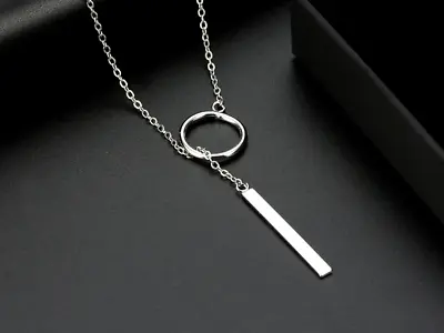 Mens Womens Long Silver Chain Necklace Bar Pendant Trendy Simple Gift Jewellery • £2.99