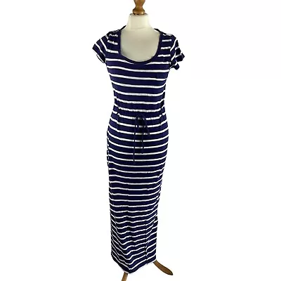 Joules Shona Long Maxi Dress T-Shirt Summer Holiday Blue & White Stretch UK 10 • £10.46