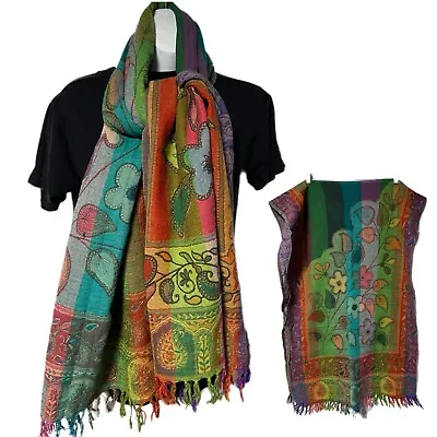 Vismaya Anthropologie Floral Paisley Boho Wool Scarf Stole Wrap Shawl Fringe • $42.49