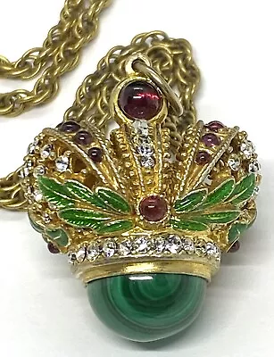 Gold Plated Enamel Malachite Faberge Egg Imperial Crown Pendant Necklace 16.1/8” • $145