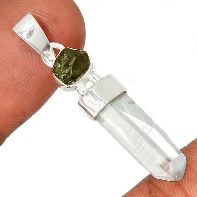 Natural Lemurian Quartz Point & Moldavite 925 Sterling Silver Pendant CP32640 • $29.99