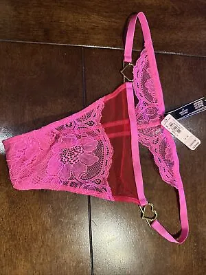 Victoria Secret Panty Thong Medium Pink Lace Gold Hearts Dream Angels New W/ Tag • $13