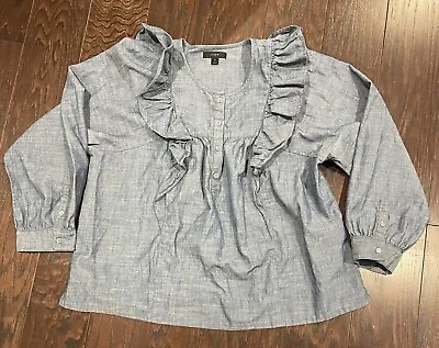 J Crew Top Womens 10 Blue Chambray Ruffle Front Henley Long Sleeve Cotton • $22.50