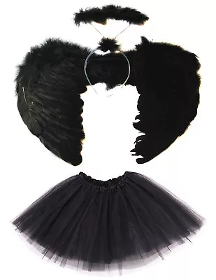 Black Dark Fallen Angel Wings Halo And Tutu Set Halloween Costume Fancy Dress • £7.99