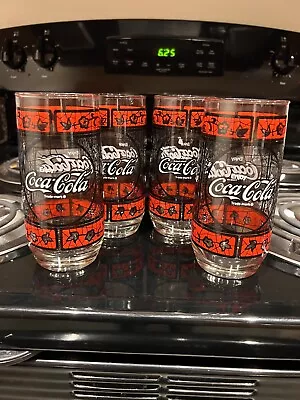 VTG Coca-Cola Tiffany Style Stained Glass Drinking Glasses/Tumblers Set Of 4 • $25