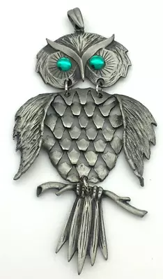 Vtg Pewter Articulated Owl Pendant Green Eyes Goldn' Things Signed • $8.96