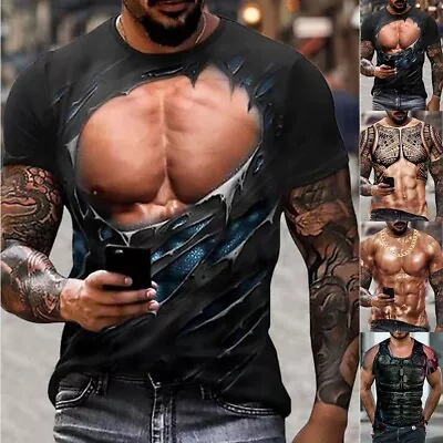 Men 3D Muscle Tattoo Print T-Shirt Short-Sleeve Digital Printing Shirts Tops Tee • $12.01