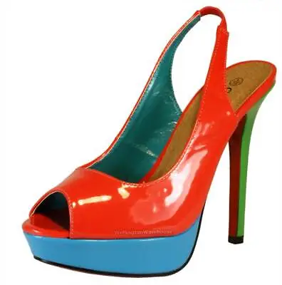 Patent Peeptoe Slingback High Heel Coral And Turquoise Women's Shoes • £15.99