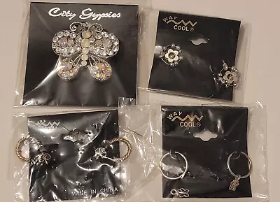 Rhinestone Butterfly Brooch Pin 3 Pairs Earrings Silver Tone New In Package • $6.99