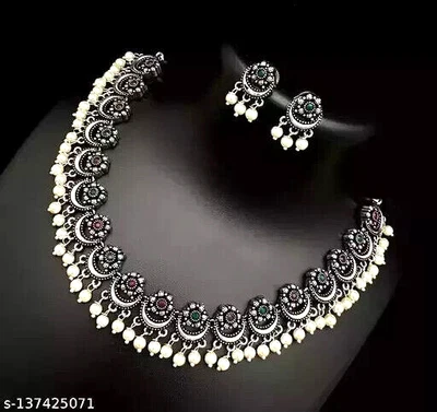 $18.99 • Buy Pearl Silver Oxidized Jewelry Choker Necklace Bollywood Indian CZ Earrings Set