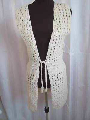 £12 • Buy Vintage Ladies Long Cream Crochet Waistcoat Size M Ideal Over Jumper, Trousers