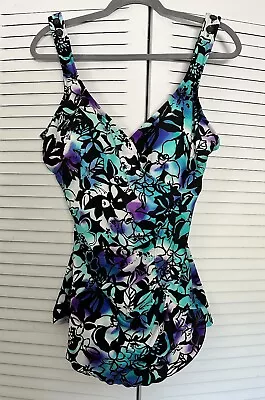 Maxine Of Hollywood Shirred Tropical Floral Blue Purple Swimsuit  Size 18 • $28