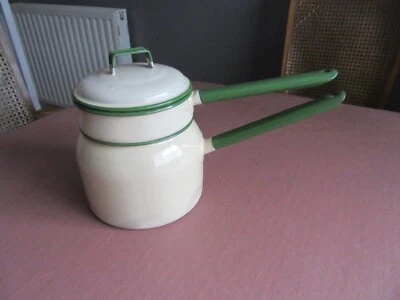 Vintage Rustic Enamel Double Boiler Bain Marie Pan Cream Green Kitchenalia Decor • £25