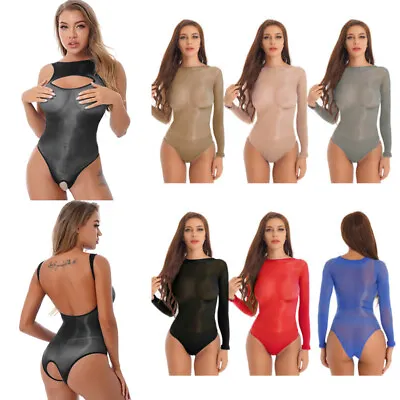 Womens Mesh Sheer Bodysuit Glossy See-through Long Sleeve Leotard Swimsuit • $12.33