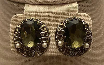Vintage Signed West Germany Smokey Green Glass Filigree Clip On Earrings • $45