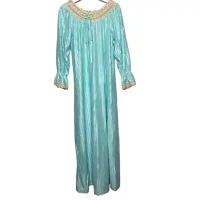 Vintage Satin Stripe Long Sleeve Nightgown Crochet Neck Night Dress Milco Size M • $24