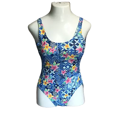 Sz 10 Islander Vintage Hawaiian One-Piece Swimsuit ~ Blue ~ Floral  • $24.49