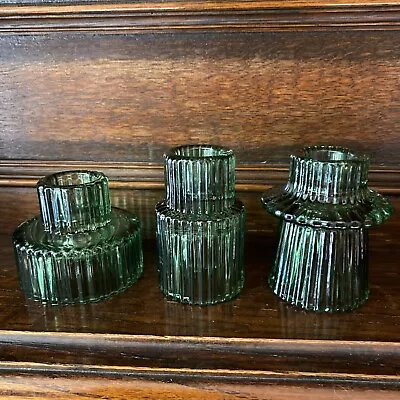 3 XGlass Candle Holder Ribbed Dinner Tabletop Decorative Centrepiece Green • £10