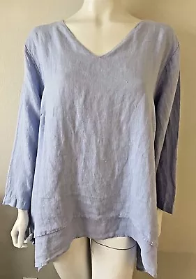 La. Fixsun Lavender 100 Linen Top 3/4 Sleeves Asymmetric Hem Lagenlook Boho M-L • $19.99