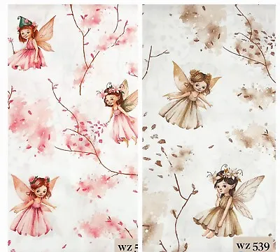 100% Cotton Fabric Pink Beige Fairies On White Wide 160 Cm (62 ) • £6.50