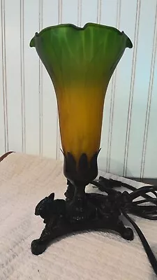 Tiffany Style Tulip Lily Table Lamp Amber/Green Glass W/ Cast Iron  Base 10  • $29