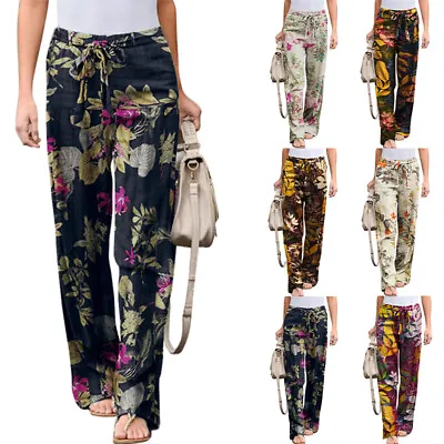 Women's Drawstring Cotton Linen Long Pants Ladies Floral Palazzo Casual Trousers • £13.99