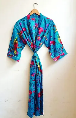 $36.29 • Buy Indian Turquoise Bird Floral Printed Kimono Cotton Bath Robes Maxi Night Gown AU