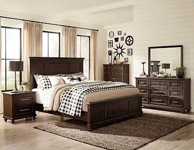 Traditional Furniture - 5 Piece Dark Brown Queen King Solid Wood Bedroom Set A6J • $2686.89