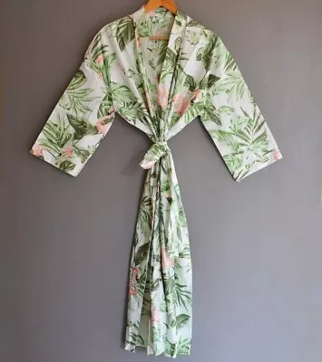 Indian Green Leaf Printed Kimono Long Cotton Women's Clothing Kimono Bath Robes • $39.92