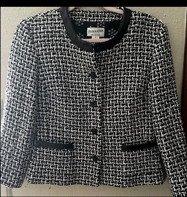 Pendleton Houndstooth Plaid Jacket Blazer Silk Leather Size 10 Black White • $50