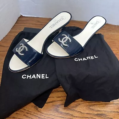 Chanel Navy Patent Leather Silver CC Logo Slide Mules Heeled Sandal 9/40 • $500