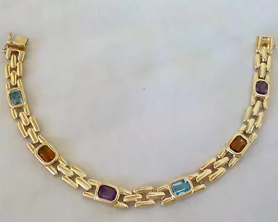 14k Yellow Gold Panther Link Multi Gemstone Bracelet - 14.7 Gms 7.0 In 6.90 Ct • $728