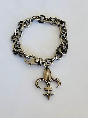 Vintage Sterling Silver Textured Rolo Link Chain Bracelet Fleur De Lis Charm • $129.99