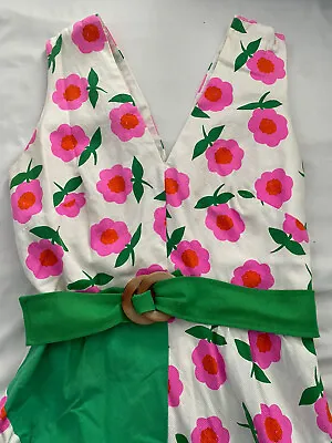 Malia Honolulu Vintage Dress Floral With Green Belt Cotton S/M • $47